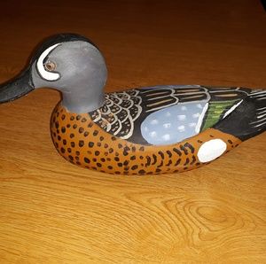 Pair of blue teal hand carved wood duck decoys.